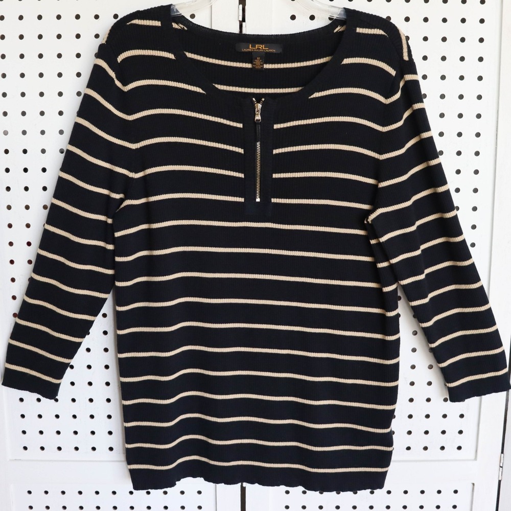 Lauren Ralph Lauren Sweater Black Label Striped Knit Quarter Zip Womens SIZE 1X